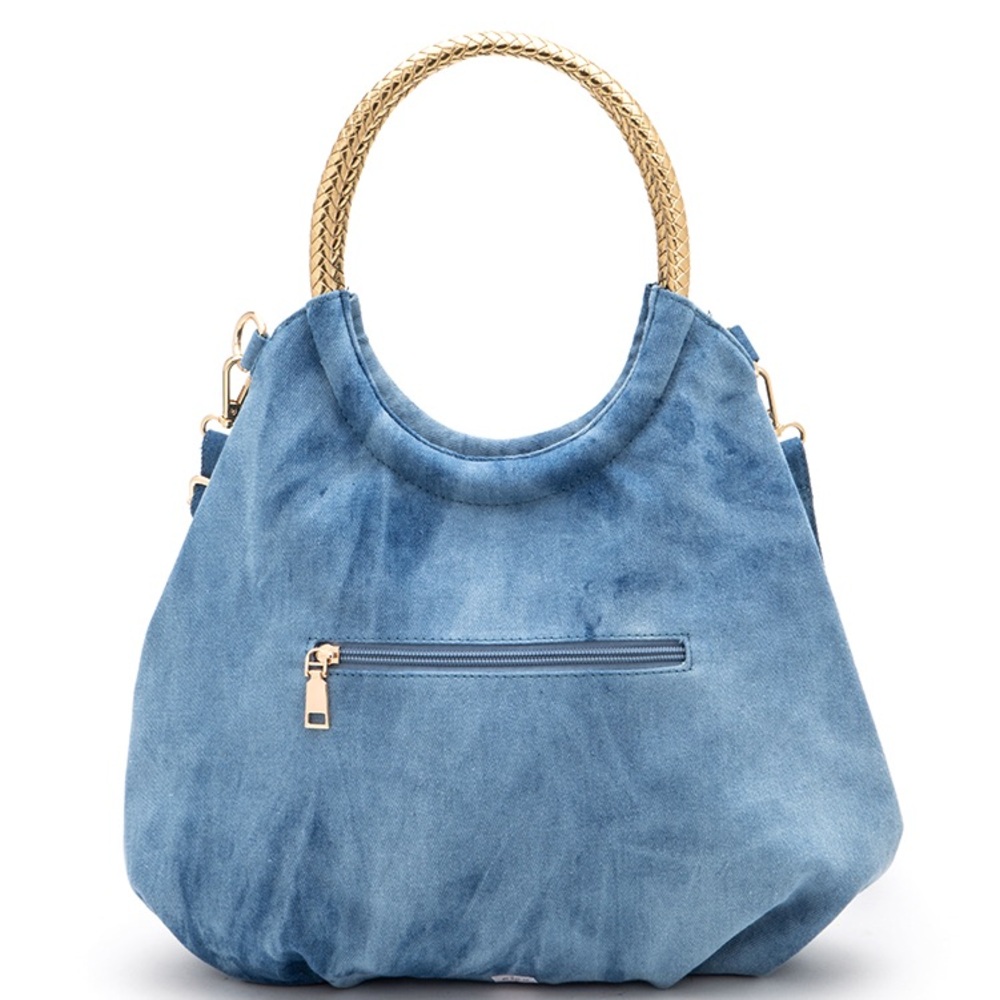 Gold & Denim Blue Studded Top Handle Handbag - Picture 5 of 6